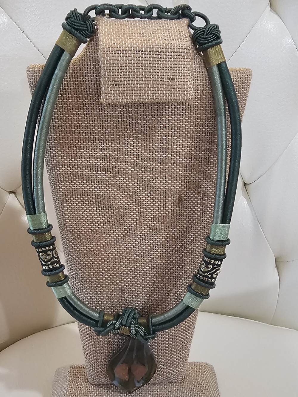 Green, Satiny Multi-Strand Necklace with Pendant